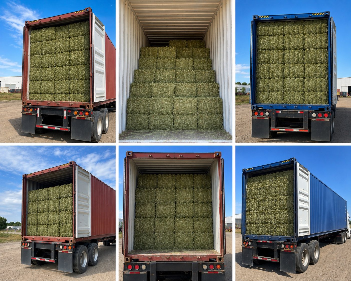 Multiple export containers loaded with hay